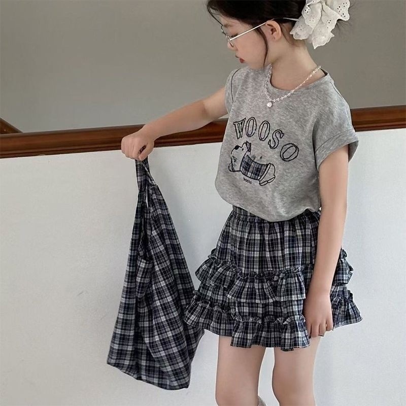 2026夏季新款女童洋气短袖上衣套装格子短裙中大儿童宝宝蛋糕裙子