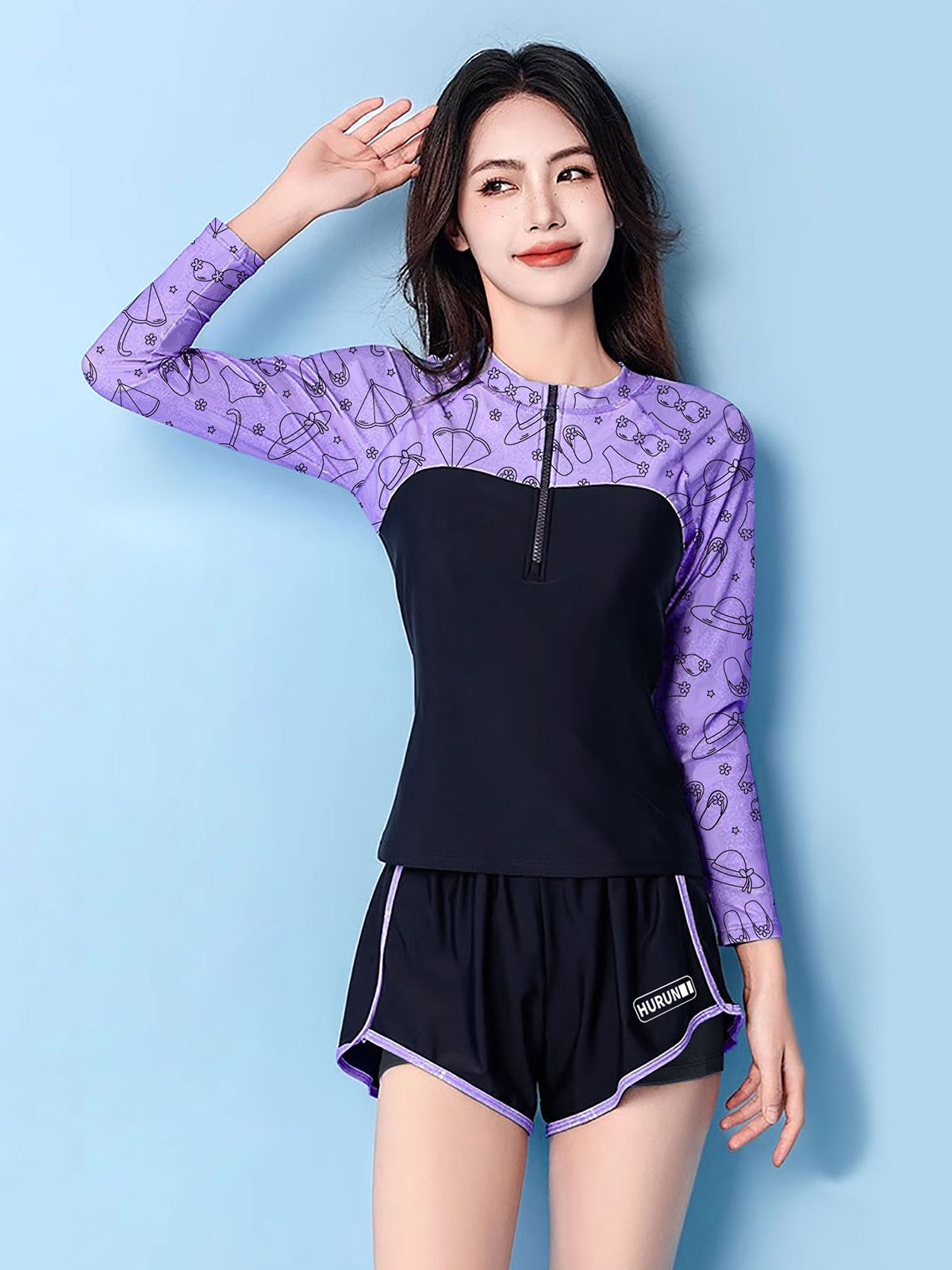 HURUN trajes de baño conservadores para mujeres nuevos trajes de baño de aguas termales de manga larga y ángulo plano para niñas gordas que cubren el vientre