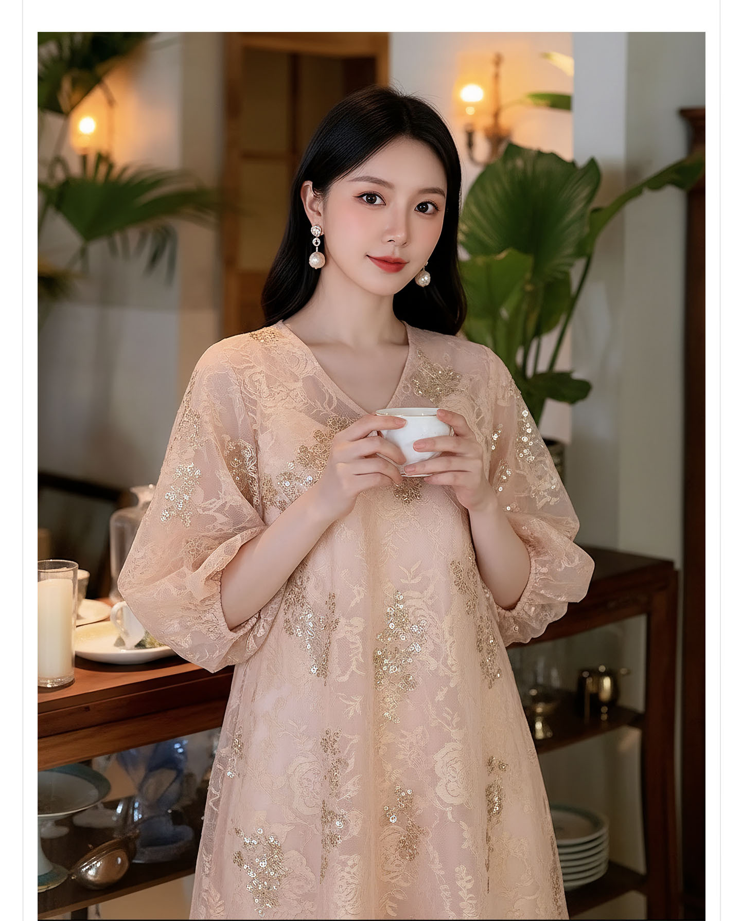 Đầm maxi nữ thắt eo họa tiết hoa thêu phong cách tân cổ điển hai dây — màu hồng chi tiết 5