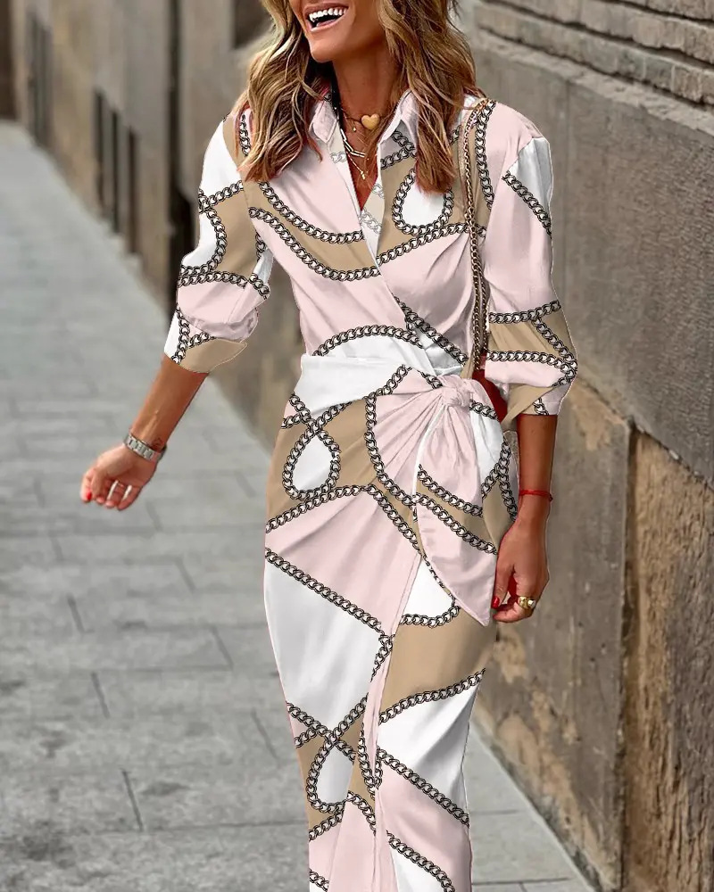 printed long-sleeved lapel lace-up slim shirt dress-Multicolor NSSRX134151
