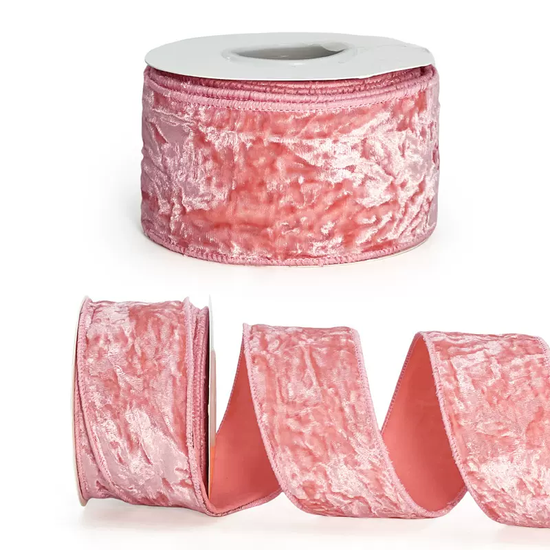 63mm抓皱丝绒拷克带 跨境热销工艺礼品包装圣诞蝴蝶结铁丝 拷克带