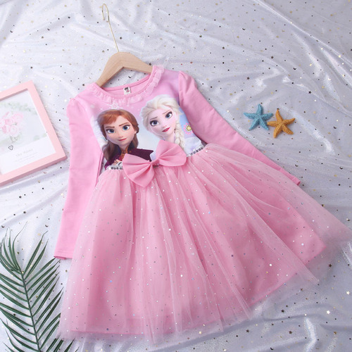 Frozen Princess Dress Girls Elsa Long Sleeve Baby Cotton Autumn Clothes Children's Puffy Gauze Skirt Birthday Dress Trendy