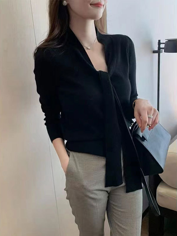 2025秋冬新款轻柔飘带款温柔风紫色针织衫女装百搭针织打底上衣|undefined