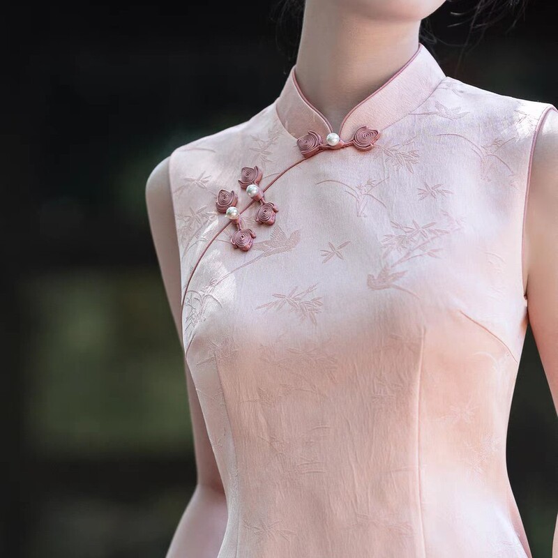 New Chinese Style Pink Jacquard Disc Button Improved Cheongsam Dress Summer Hanfu Dress