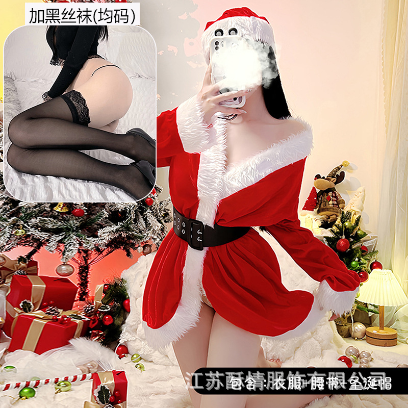 빨간 옷 벨트 크리스마스 모자 블랙 스타킹