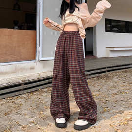 美拉德复古格子阔腿休闲裤女2025秋冬高腰显瘦垂感设计感直筒长裤