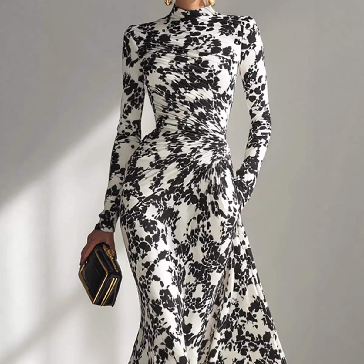 Autumn High-Waisted Pleated Full Skirt Dress For Women Sexy Long-Sleeved Fitting_ecoleips.com