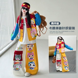 童装女童秋季新款套装重工撞色拼接卡通翻领卫衣大口袋工装裤套装