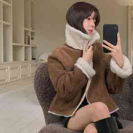韩系复古简约翻领保暖皮毛一体短外套