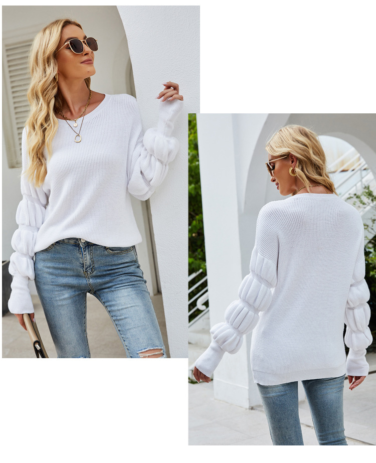 Women Wholesale Autumn And Winter Round Neck Lantern Sleeve Solid Color Sweater