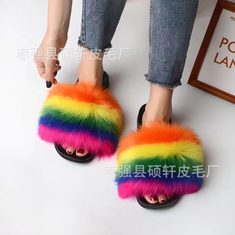 Fox Fur Slippers Women's Outfit Summer Internet Popular Fashionable Flat Fur Sandals Ins Soft Bottom Slippers European and American Fashion