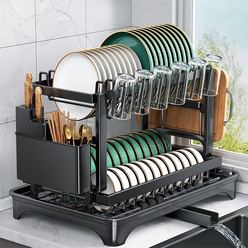 Kitchen Storage Rack Drain Bowl Rack Household Countertop Double-Layer Multifunctional Bowl Plate Chopsticks Knife Chopping Board Cup Rack Storage Rack