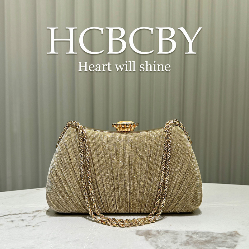 Golden Flash Pleated Chain Decorative Handbag Evening Bag Women's Fashionable Elegant Clutch Evening Bag