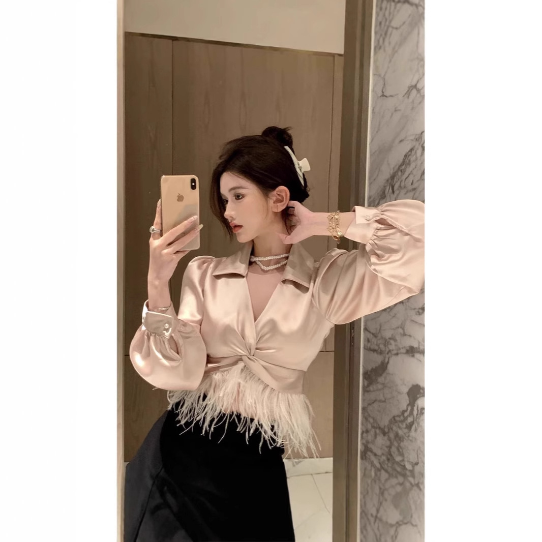 (2개) 새틴 셔츠 여성 디자인 센스 틈새 깃털 술 셔츠 가을 프랑스 V 넥 사교계 우아한 긴팔 탑