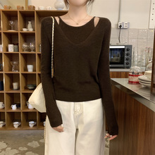 美式2025 秋冬韩版设计感气质假两件设计6羊毛针织衫内搭打底毛衣
