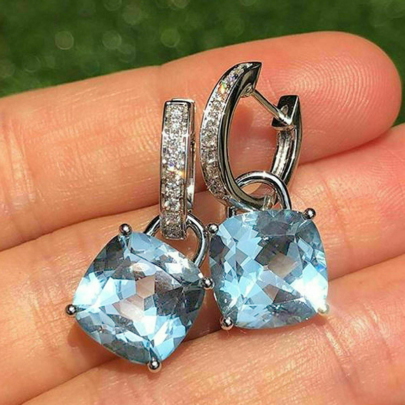 Fashion New Inlaid Light Blue Square Zircon Copper Earrings Valentine's Day Gift display picture 4