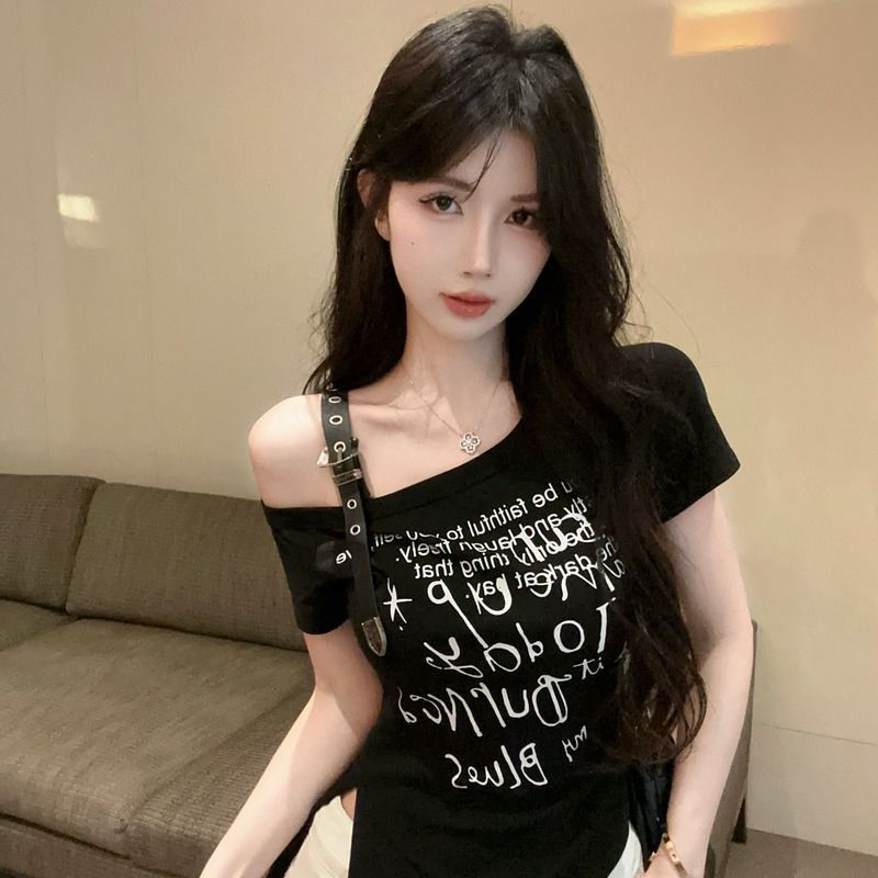 不规则斜肩短袖t恤女夏季美式辣妹一字肩上衣设计感小众独特漂亮|undefined