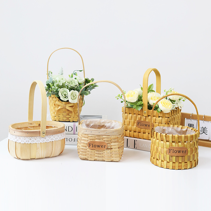 Mini wood chip flower basket Children's Day Goddess Day flower shop flower arrangement basket woven basket storage portable basket basket