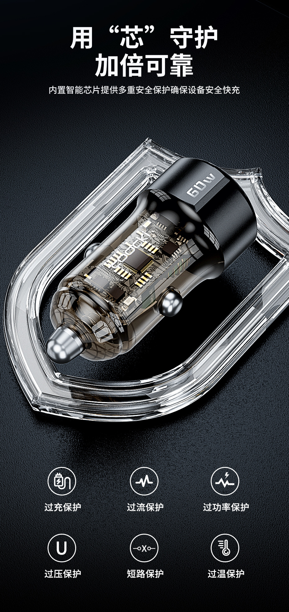 Toocki Linglong Series Transparent Black Tea 60W Dual Port A C Multi-Protocol Compatible Mini Super Fast Charger