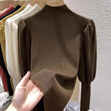 泡泡袖上衣女秋冬复古毛衣内搭半高领长袖韩系白色打底针织衫