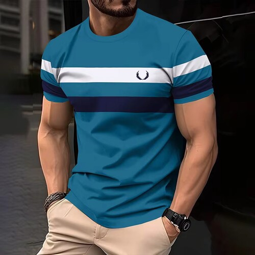 Minimalist Geometric Color-block Striped 3D Print Men's High Street Summer Loose Mesh Breathable Crew Neck T-shirt