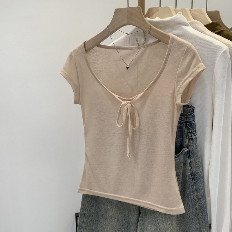 European-Style Design Thin Lace-Up U-Neck Regular Shoulder Short-Sleeve T-Shirt for Women 2026 New Style Waist-Cinching Slimming Elegant Top