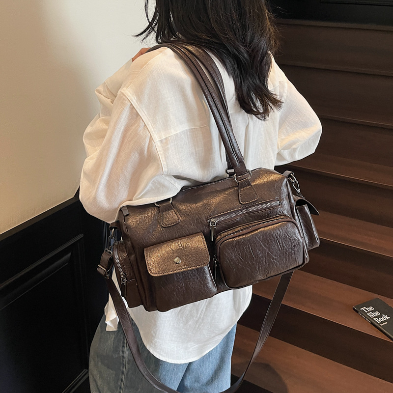 跨境复古休闲大容量托特包包女2025夏季高级感多口袋单肩斜挎包潮|undefined