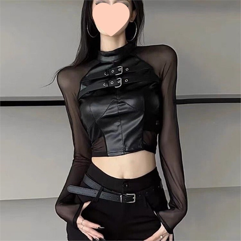 【Two-Piece Set】Sexy Hot Girl Slim-Fit Mesh Patchwork Pu Leather Crop Top + Tight Shorts 【Two-Piece Set】Sexy Hot Girl Slim-Fit Mesh Patchwork Pu Leather Crop Top + Tight Shorts