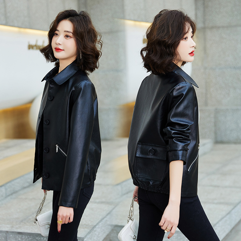 Trendy and Stylish Short Loose Leather Jacket with Button-Up Collar for Women, Spring and Autumn 2022 New Fashion Biker Jacket