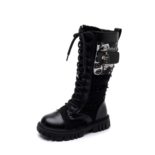 Trendy girls' boots autumn and winter single boots children's mid-high boots new Korean style canvas school bag British style