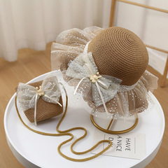新款女童沙灘公主帽遮陽帽兒童花朵草帽包包套裝防曬太陽帽夏