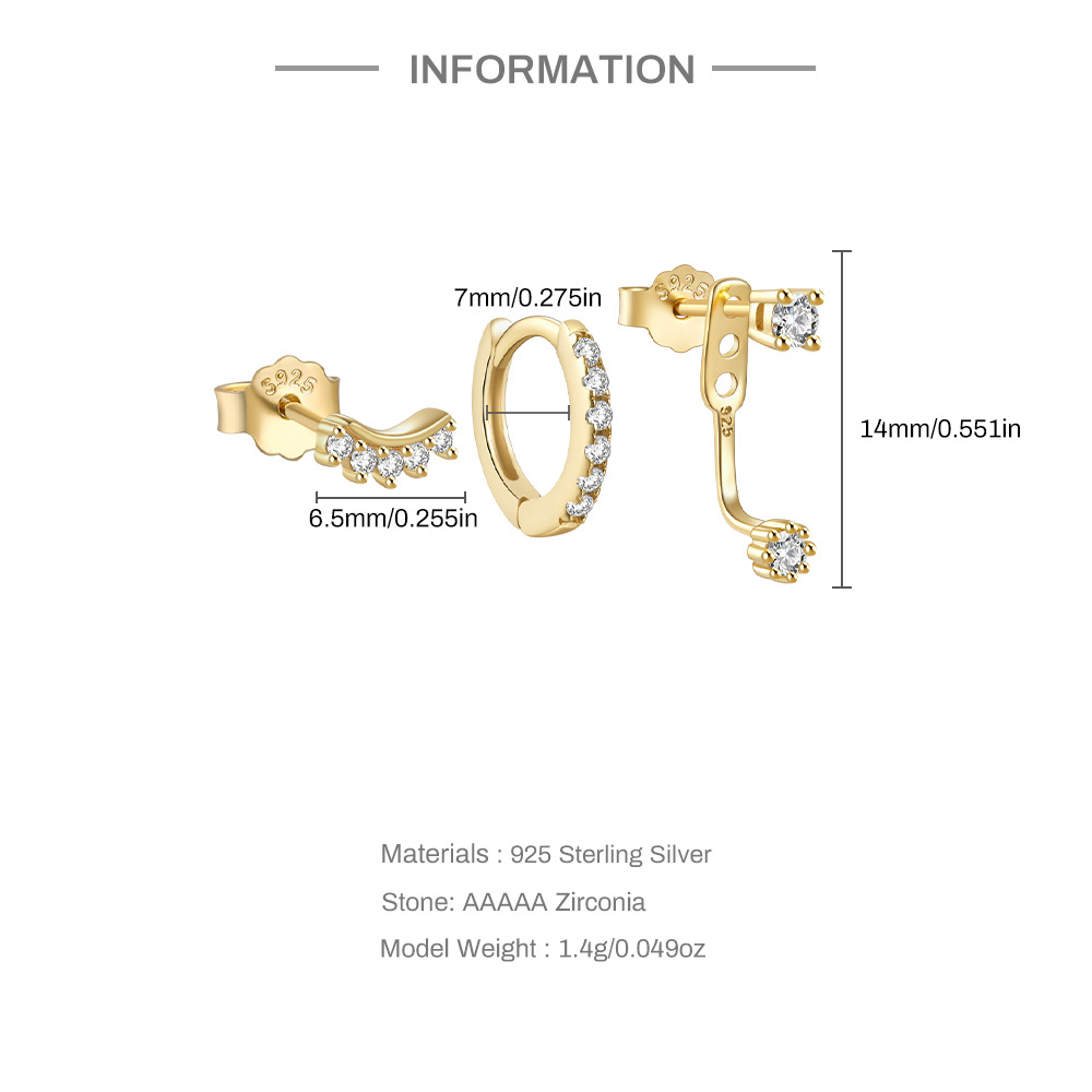 4g Weight Zircon Inlay Material Earrings Classification 3 Pieces Set Quantity Daily Occasion 925 Sterling Silver Material Geometric Pattern Women's Gender Plating, Inlay Design Simple Style Style 3 Pieces Set 925 Sterling Silver Zircon Geometric Earrings 6