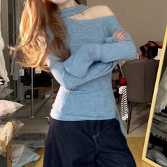 蓝色露肩飘带针织衫女早秋季2025新款高级感修身内搭打底长袖上衣