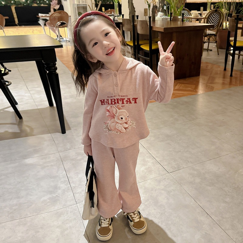 1470# Cute Hooded Long-Sleeved Set, Stylish Autumn New Korean Style Girls' Fashionable Two-Piece Clothing Set