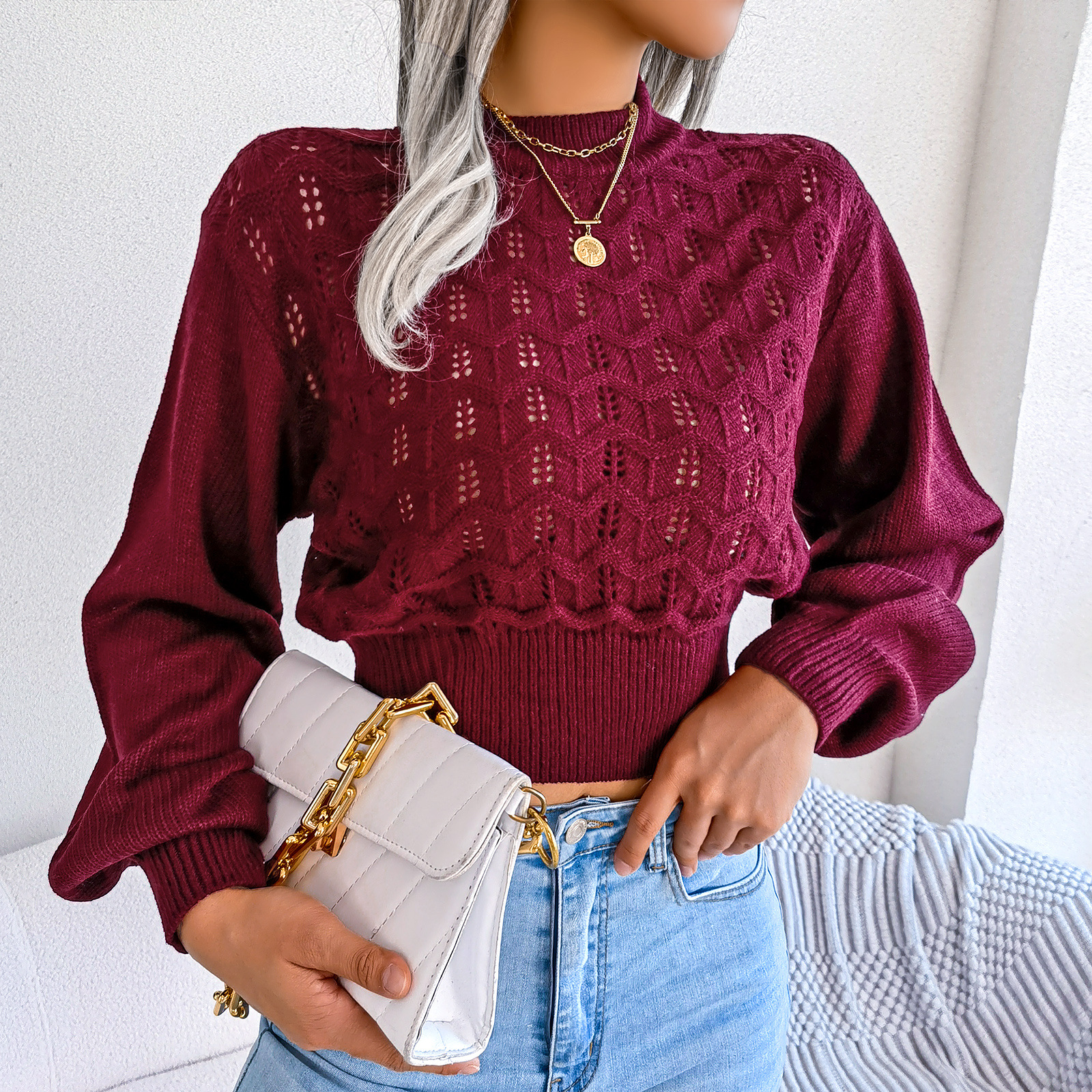 Hollow Out Cutout Striped Lantern Sleeve Cropped Knitted Sweater in Sweaters