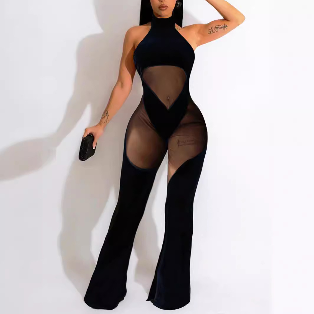 European and American Style Women's Fashion Halter Neck Patchwork Solid Color Sleeveless Mesh Jumpsuit 8628 Spaghetti Strap High-Waisted Sheer Mesh