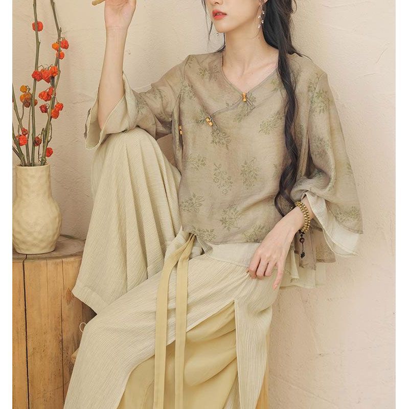 New Summer Style Lightweight and Refreshing Fairy-Like Seven-Quarter Sleeve Chinese-Style Top with Everyday Song-Style Wide-Leg Pants Set New Product