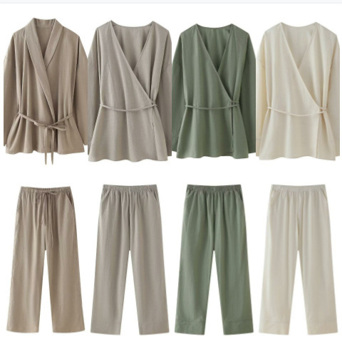 Roupas femininas verão 2024 novo estilo quimono texturizado trespassado conjunto de calças_voghion.com