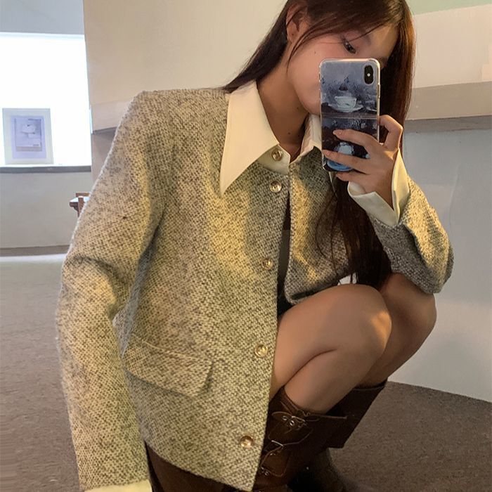 2025 Elegant Polo Collar Small Fragrance New Fake Two-Piece Jacket Women's Autum High-End Tweed Retro Top Trendy