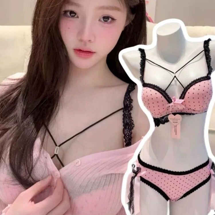 Romantic French Polka Dot Lace Pink and Black with Sexy Girl Cute Bow Intimates Set Sexy Large Bra