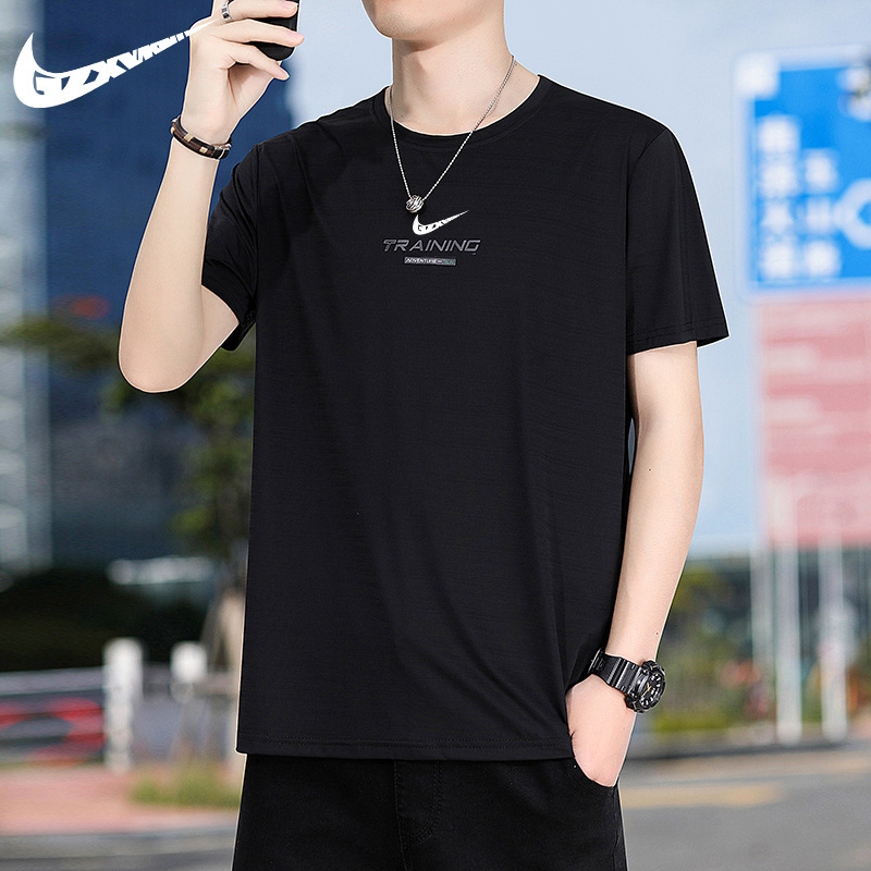 Men's 2025 Summer Ice Silk Short-Sleeved T-Shirt Men's Thin Round Neck Loose Large Size Sports Casual Quick-Drying Half-Sleeved T-Shirt