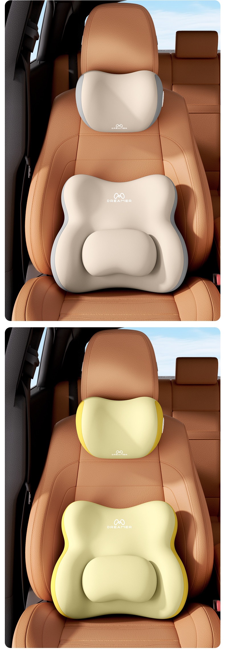 Zhimengren Car Headrest and Lumbar Support Set Car Seat Back Cushion In-Car Lumbar Pad Neck and Waist Support Set