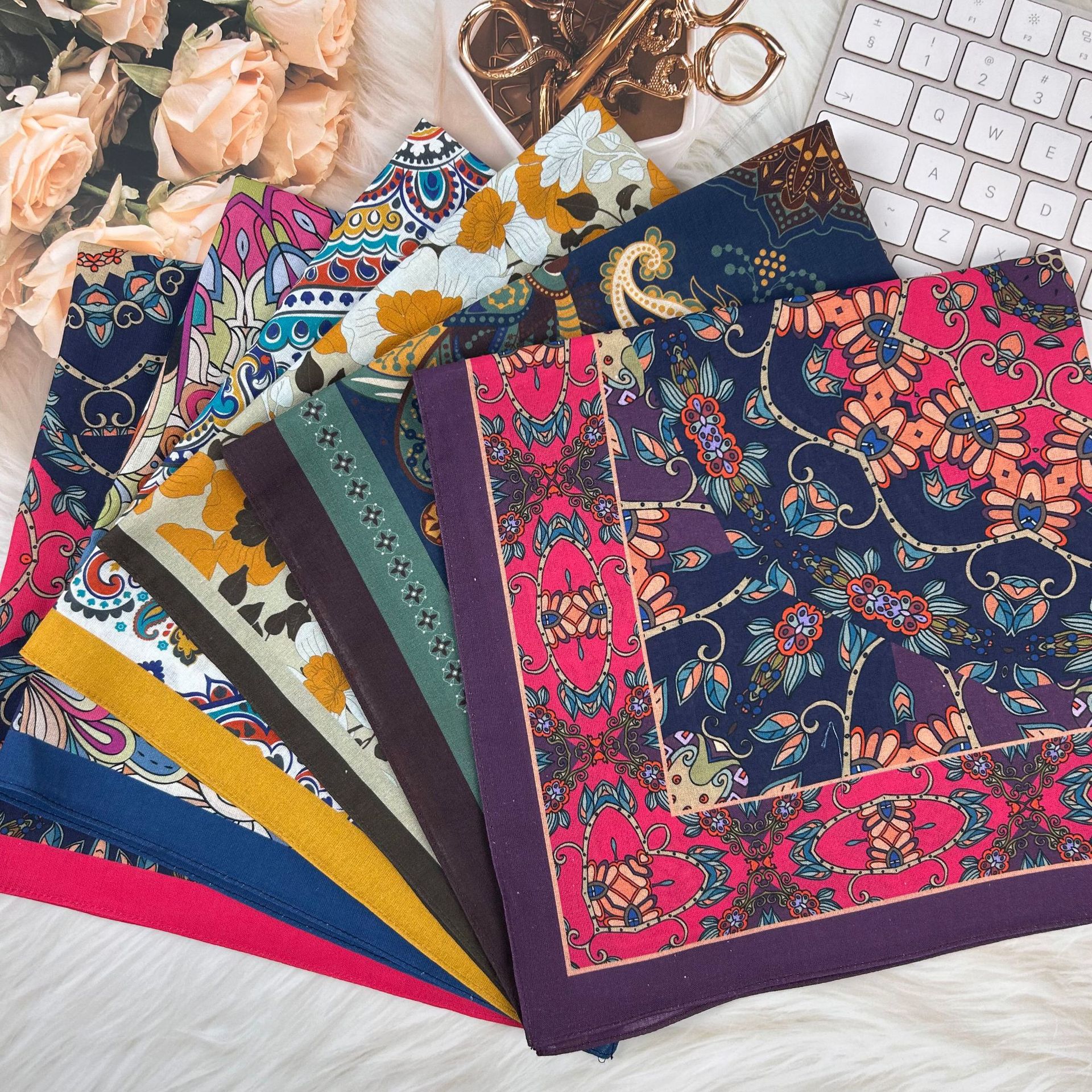 Cotton 55*55cm Square Scarf Headscarf with Plant Decoration, Outdoor Sports Hip-Hop Street Dance Personalized Outfit, Direct from the Manufacturer