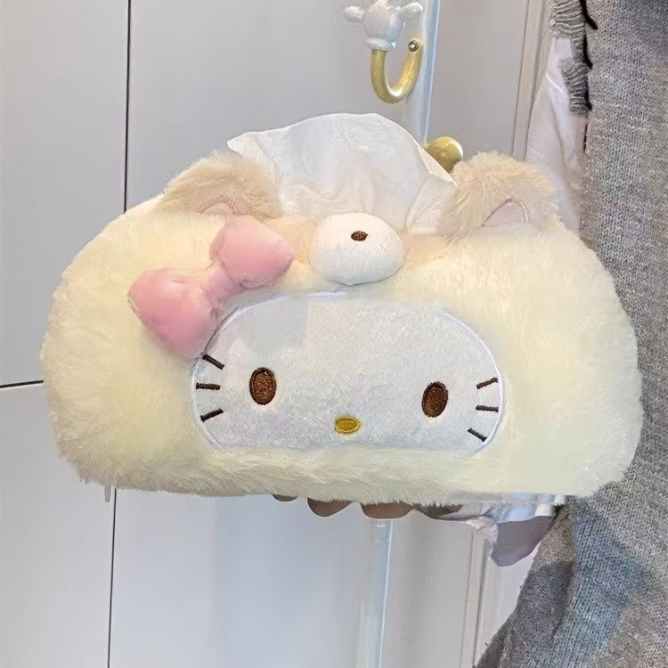Cute kitty cream yellow plush tissue box for home use in the living room, bathroom, or car