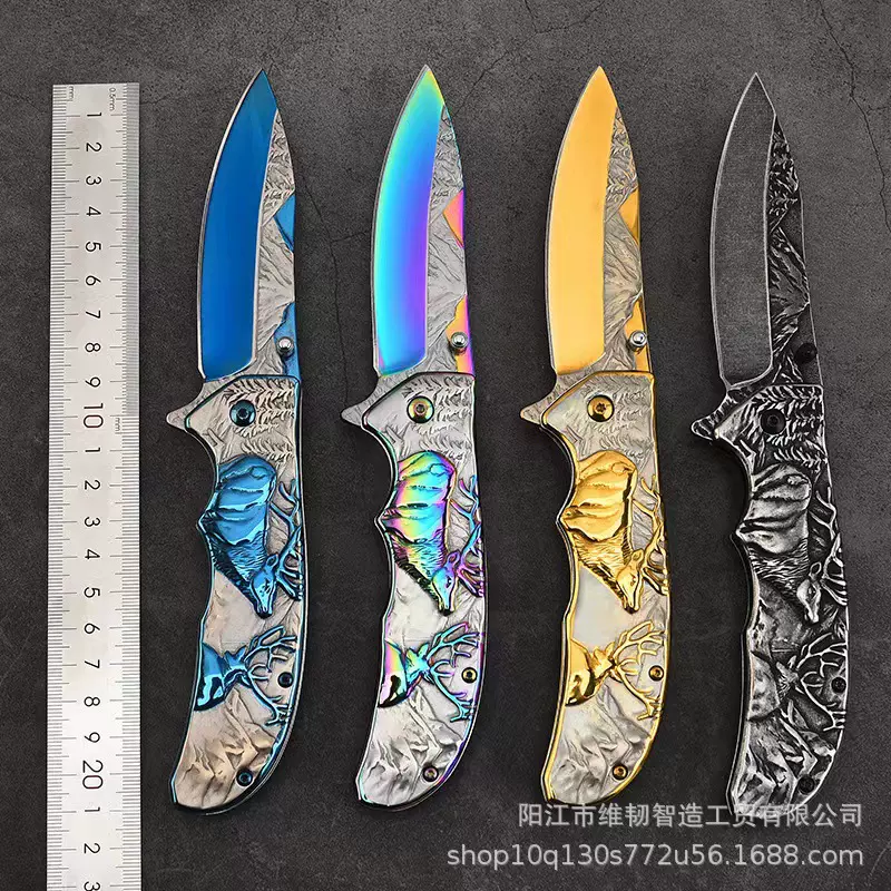 不锈钢户外折叠刀3D精雕观赏刀林中麋鹿创意小刀跨境热销款现货