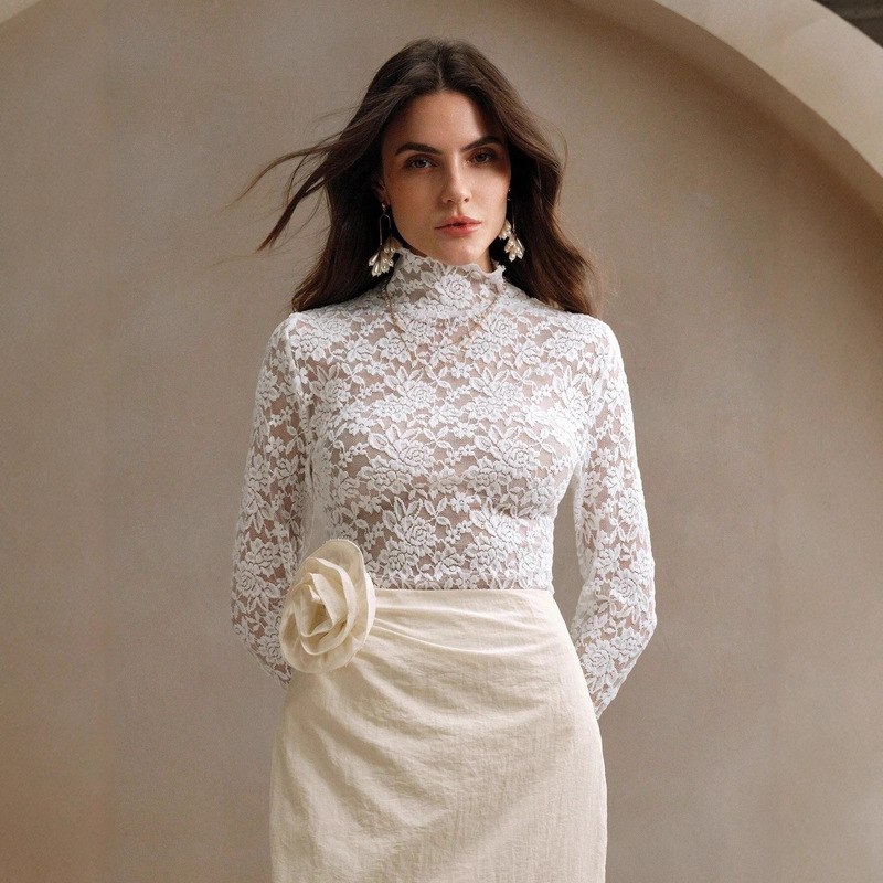 European and American Cross-Border Amazon 2026 Autumn and Winter New Women's French Lace Long-Sleeved Elastic Turtleneck T-Shirt Tops for Women