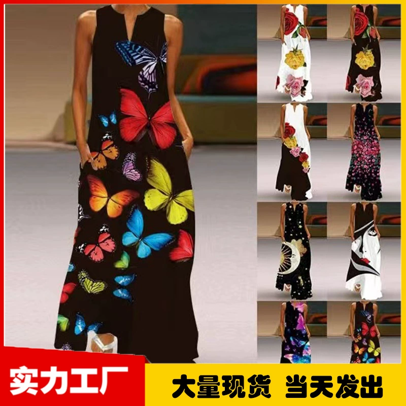 Трансграничная женская одежда Amazon ebay2023 Новое Европейское и американское весенне-летнее модное сексуальное длинное платье с принтом и карманами