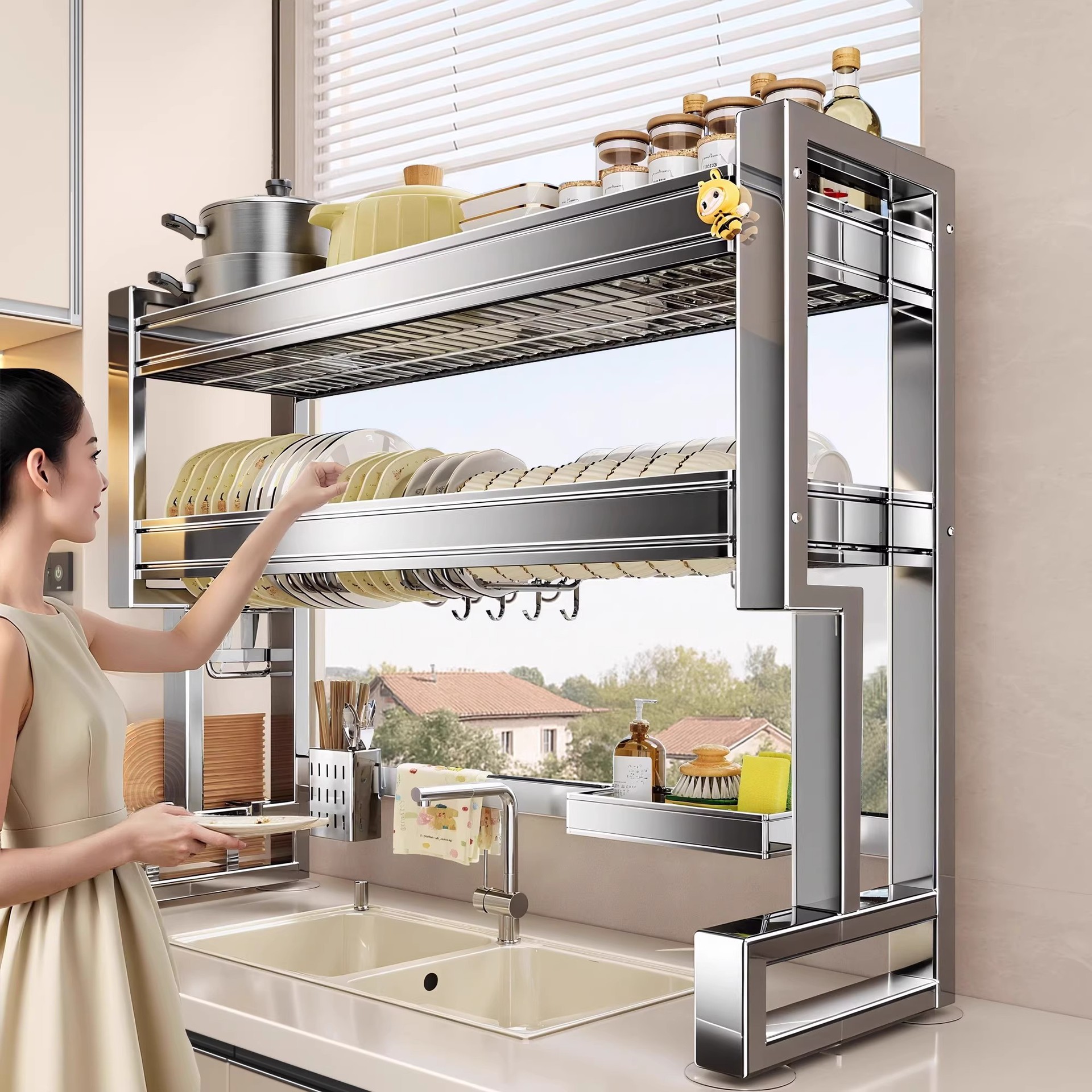 Stainless Steel Kitchen Sink Rack Multi-Functional Dishwashing Sink Drain Rack Household Plate and Dish Storage Rack