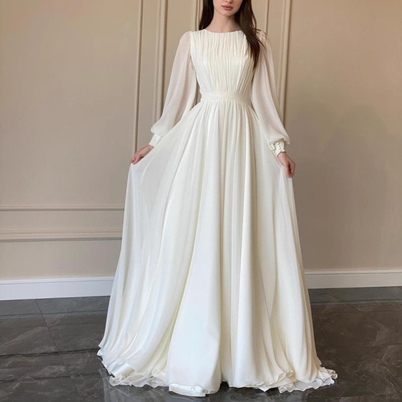 2026 Cross-Border Foreign Trade Spring and Autumn New Lantern Sleeve Pearlescent Yarn White Wedding Dress Round Neck Long-Sleeved Dress