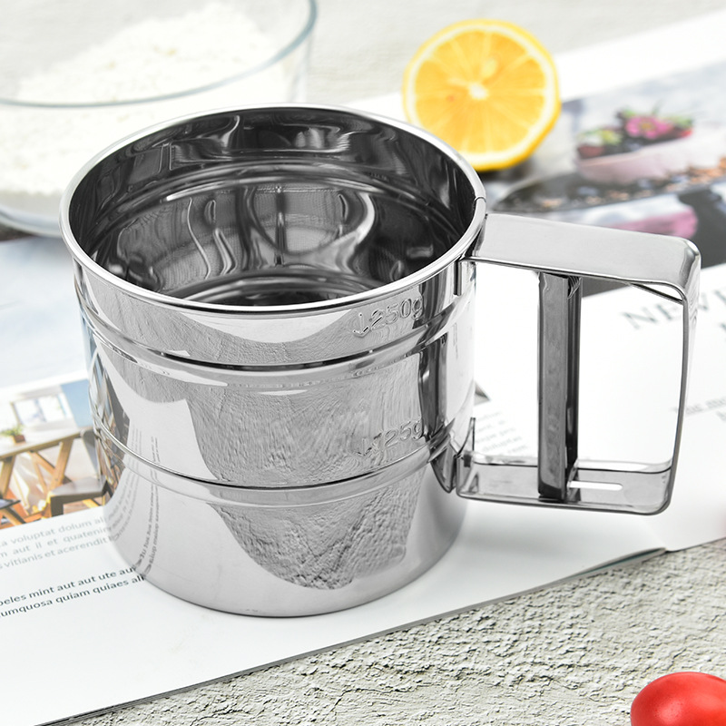 不锈钢面粉筛 手持面粉筛杯 DIY烘焙工具带刻度手压滤粉器筛子